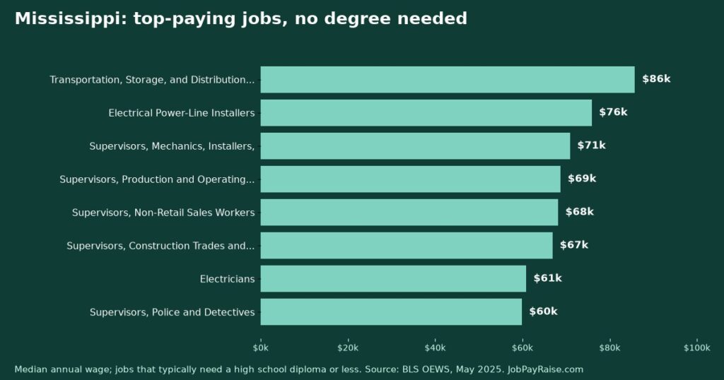 Highest-Paying Jobs Without a College Degree in Mississippi (2025 BLS Data)
