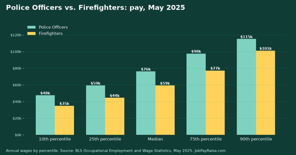 Police Officers vs. Firefighters: Pay, Job Outlook and Training Compared (2025 BLS Data)